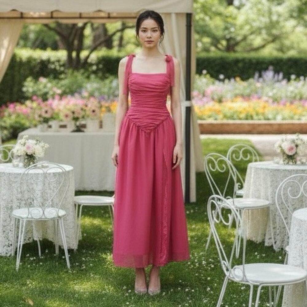 Bardot Mirelle Hot Pink Linen Blend Ruched Maxi Dress Tie Straps Sz 6 NWT Party
